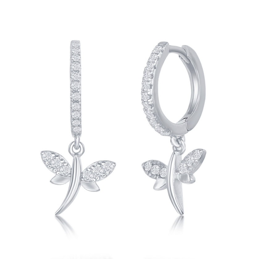 Children's Sterling Silver Small Huggie Hoop CZ Dragonfly Earrings