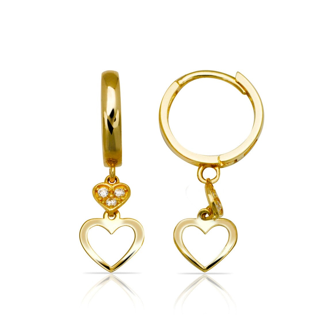 Yellow Gold Huggies 14k with CZ Dangling Hearts