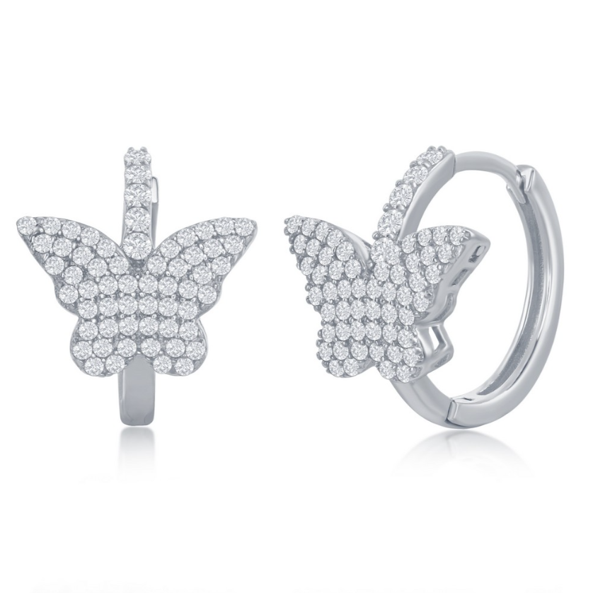 Children's Sterling Silver Micro Pave CZ Butterfly Huggie Hoop Earrings