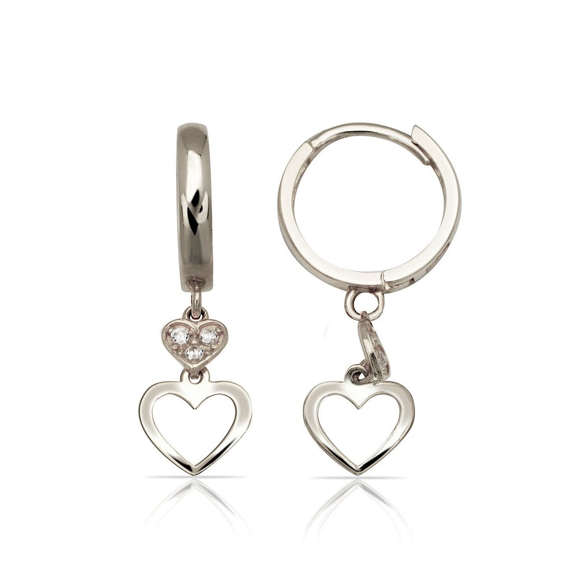 White Gold Huggies 14k with CZ Dangling Hearts