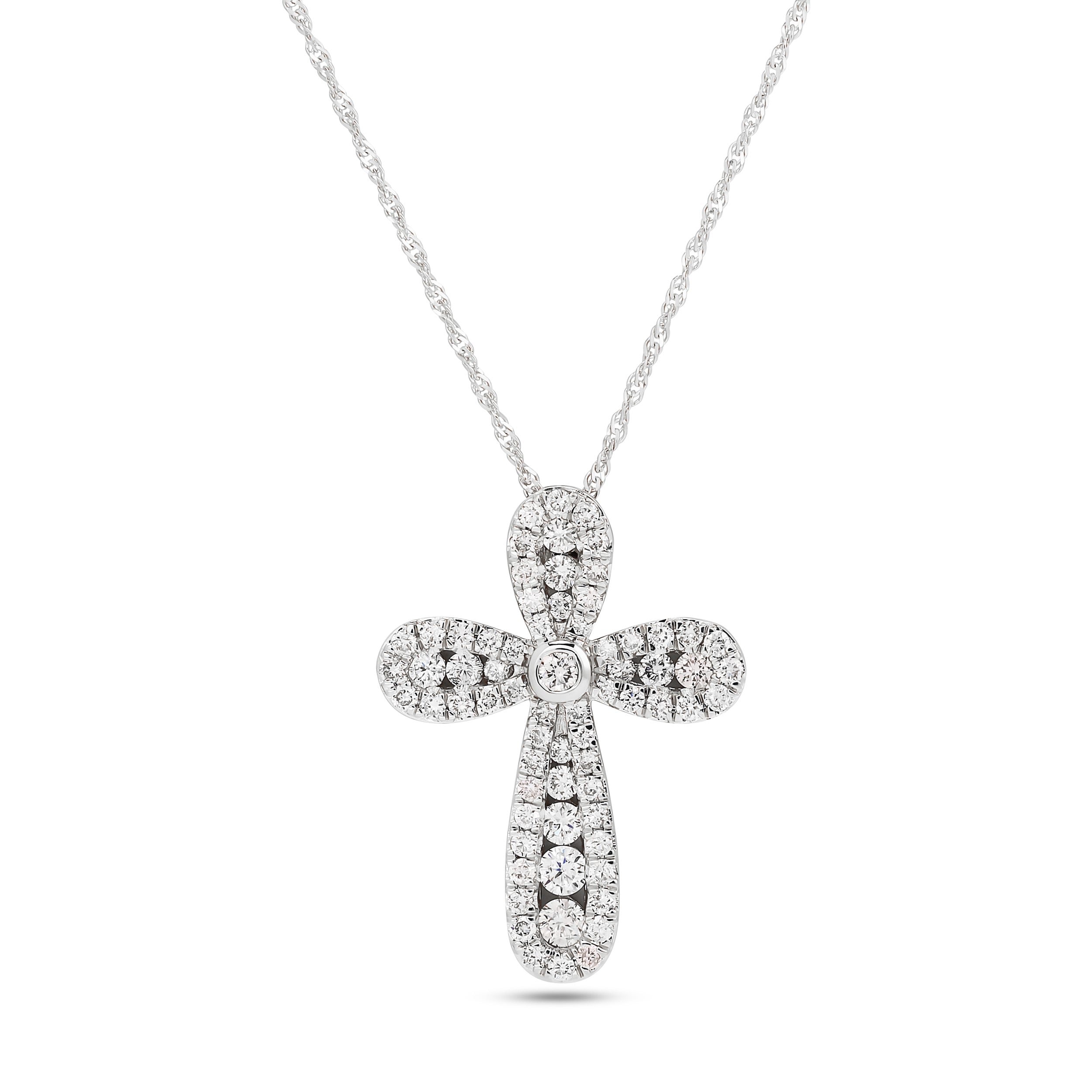 14K White Gold Diamond Cross Pendant Necklace
