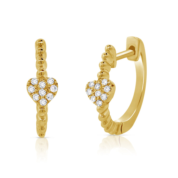 14K Yellow Gold Diamond Heart Huggie Earrings