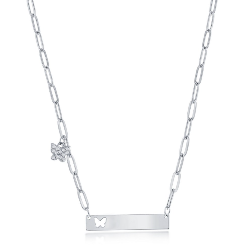 Children's Sterling Silver Engravable ID w/ Butterfly CZ Paperclip Neckace