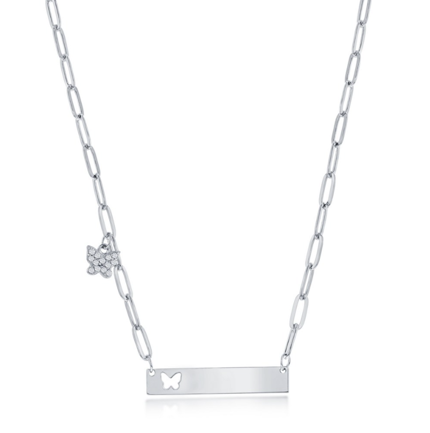 Children's Sterling Silver Engravable ID w/ Butterfly CZ Paperclip Neckace
