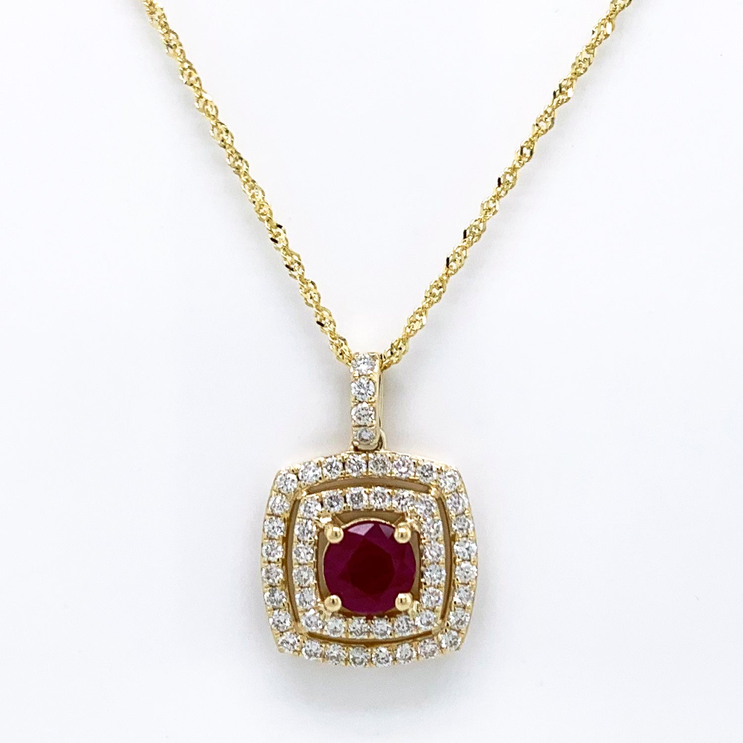 
  
  14K Yellow Gold Halo Diamond and Ruby Pendant Necklace
  
