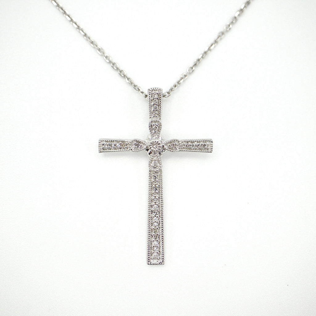 14k White Gold Diamond Design Cross Pendant Necklace