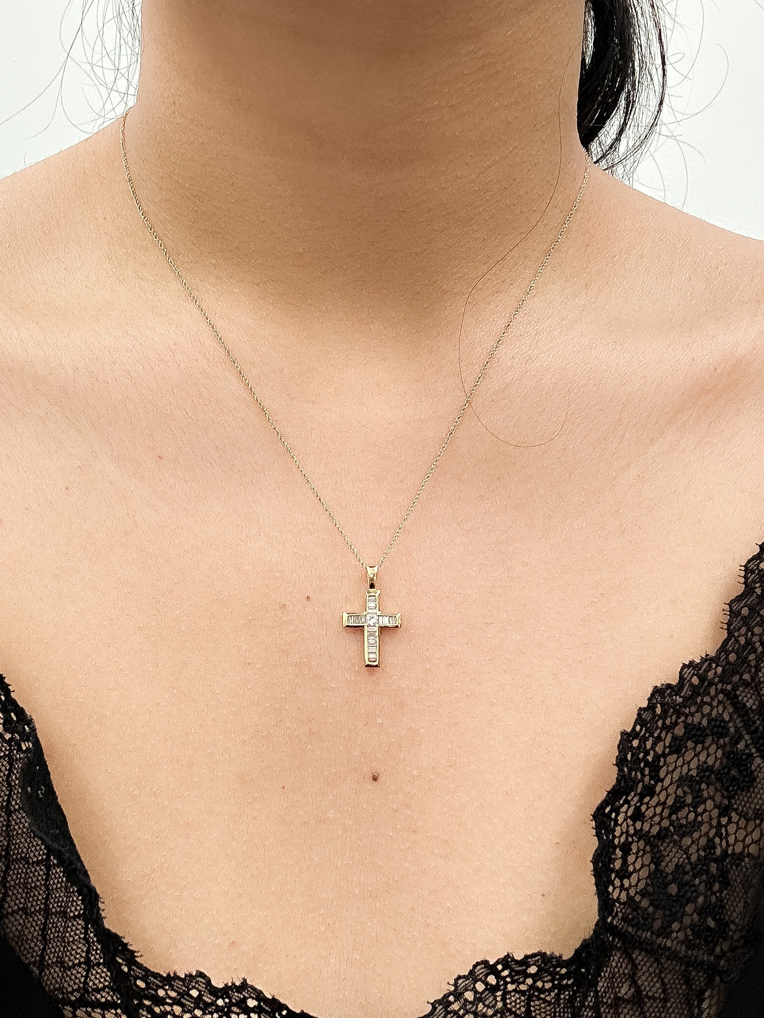 
  
  Small 14k Yellow Gold Baguette Diamond Cross Necklace
  
