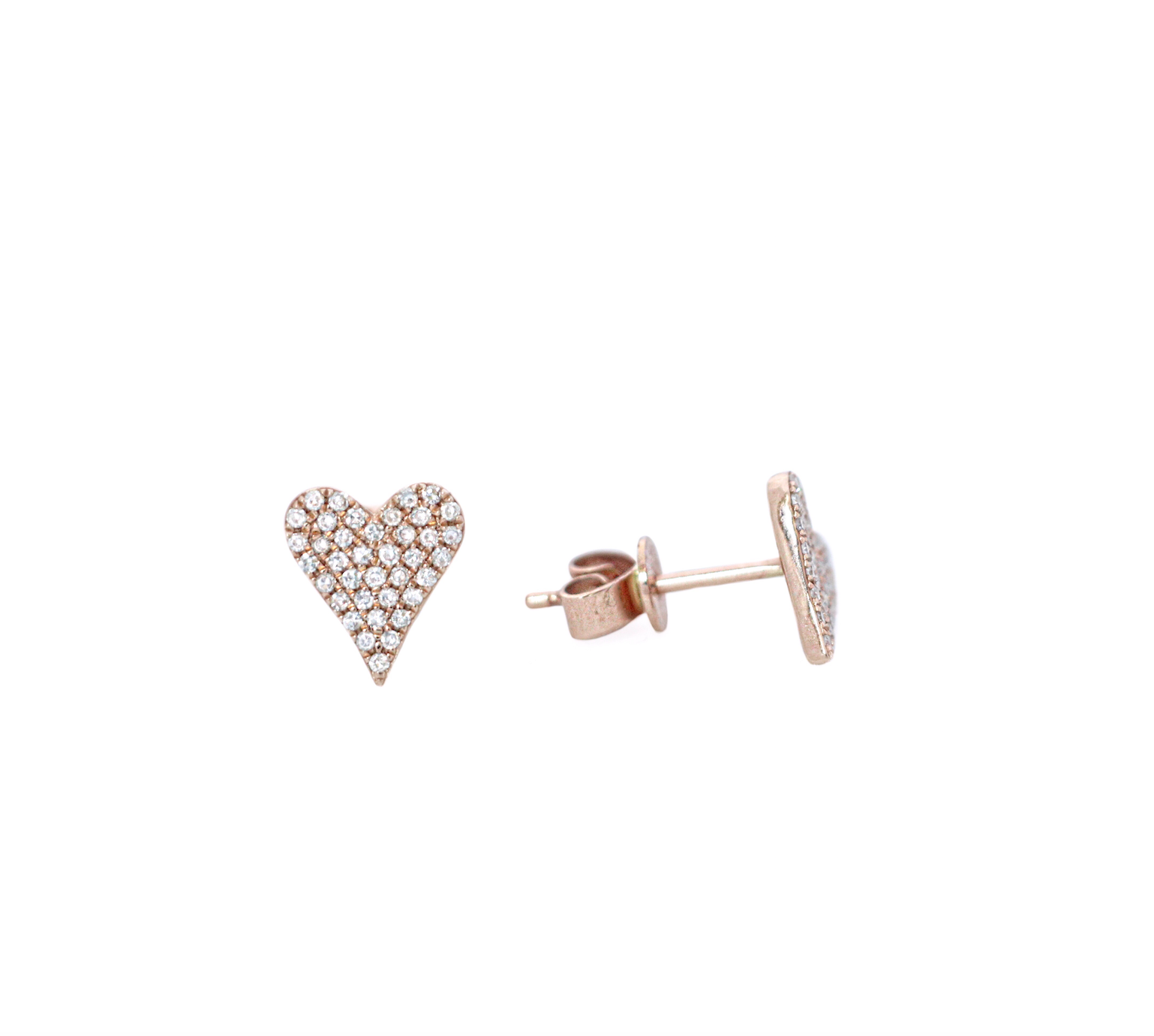 14k Rose Gold  Pave Diamond Heart Stud Earrings