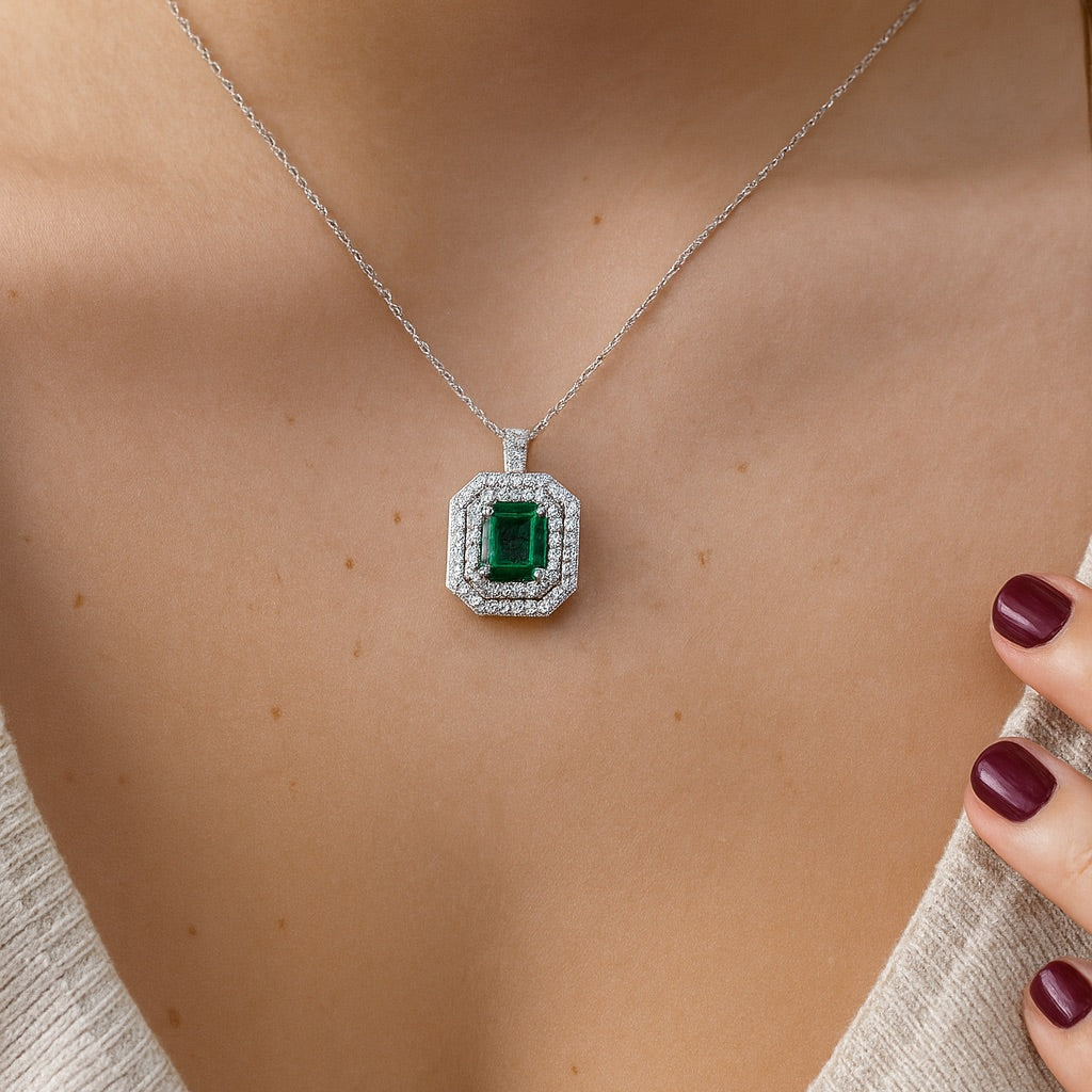 
  
  14K White Gold Diamond and Emerald Double Halo Pendant
  
