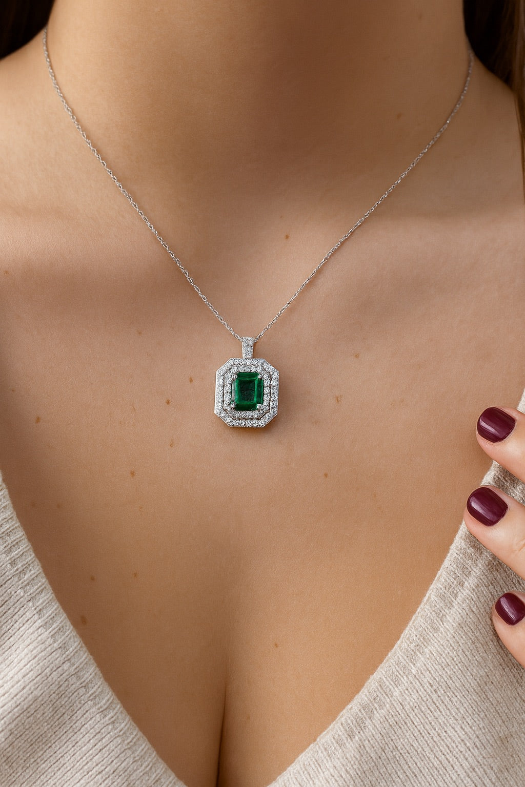 
  
  14K White Gold Diamond and Emerald Double Halo Pendant
  
