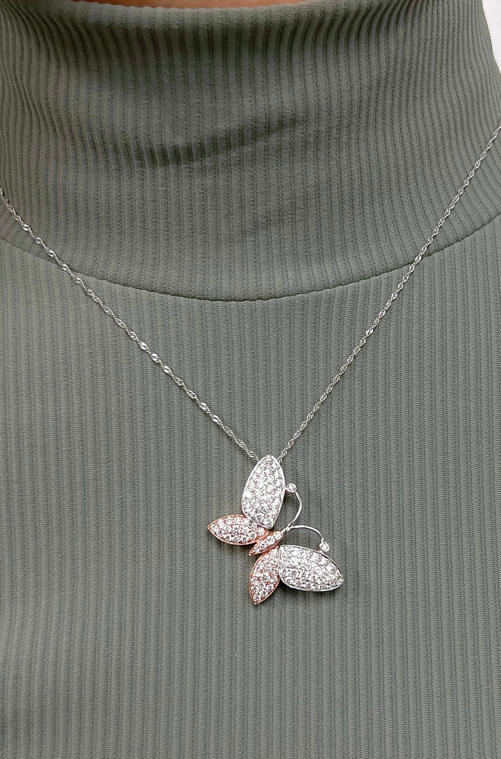 14k Two Tone White and Rose Gold Diamond Butterfly Pendant
