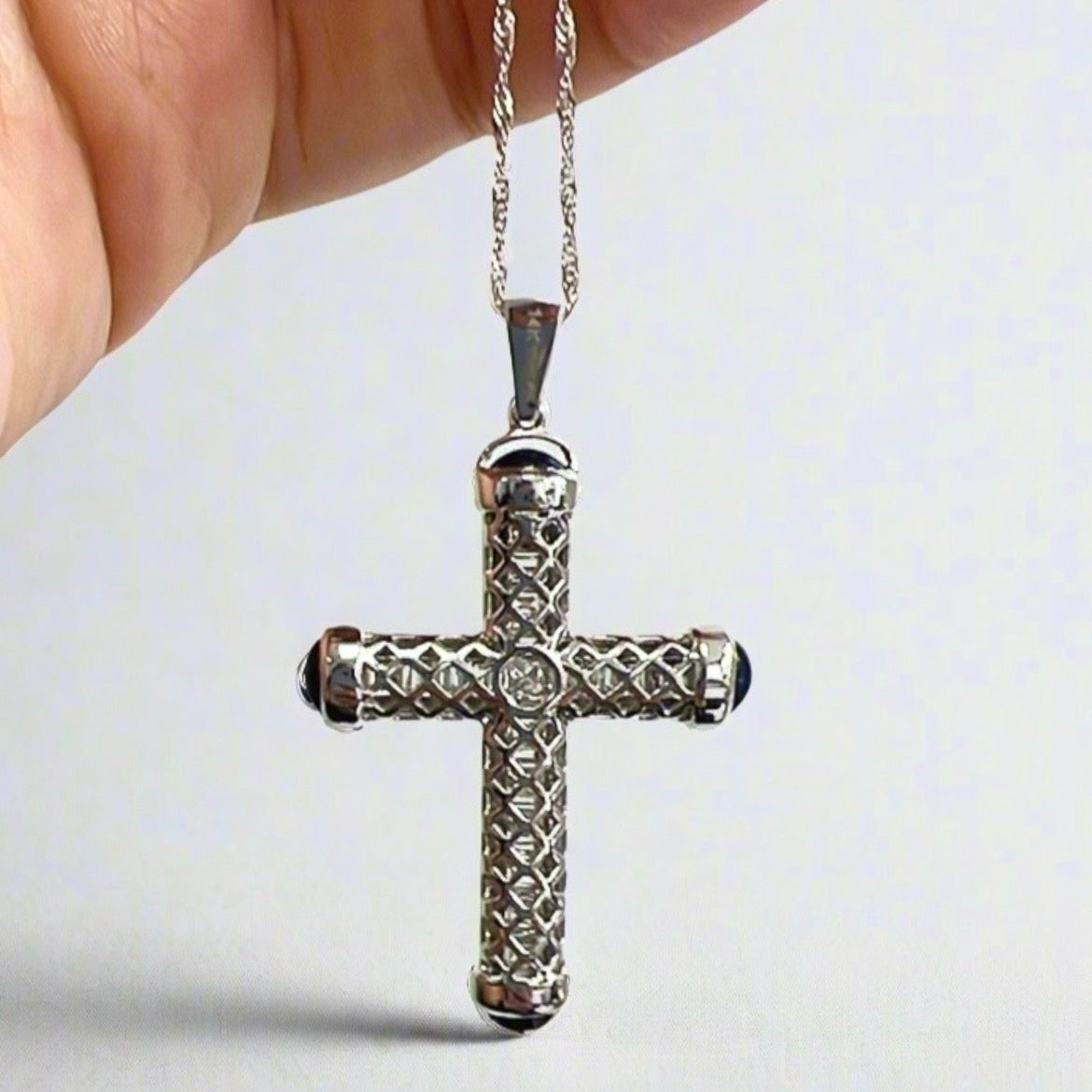 
  
  14k White Gold Diamond and Cabochon Sapphire Cross Pendant
  
