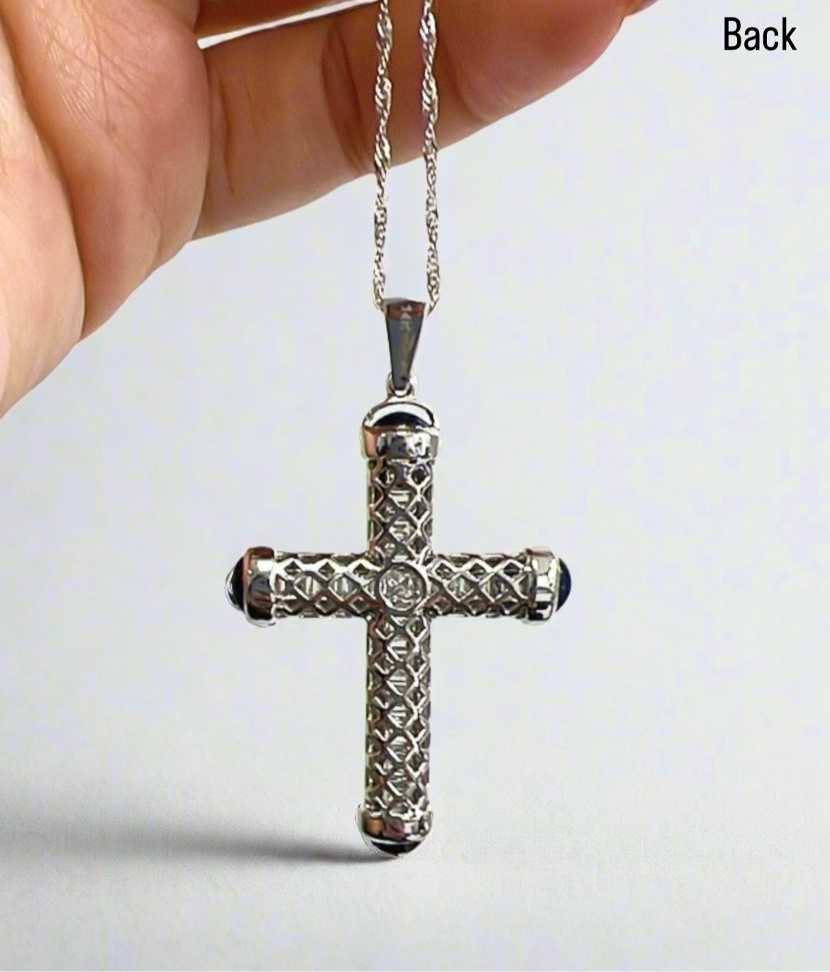 
  
  14k White Gold Diamond and Cabochon Sapphire Cross Pendant
  
