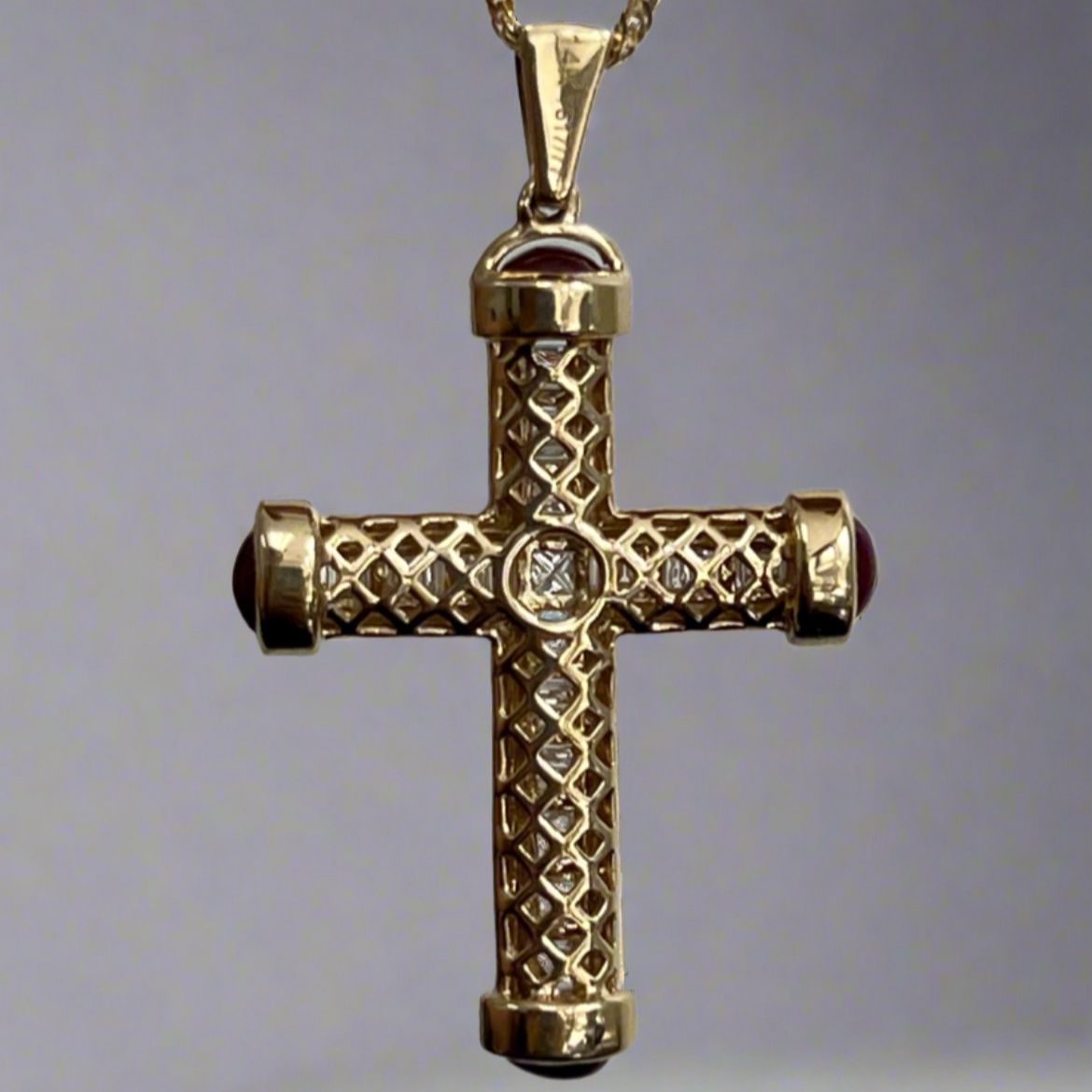 
  
  14k Yellow Gold Diamond and Cabochon Ruby Cross Pendant
  
