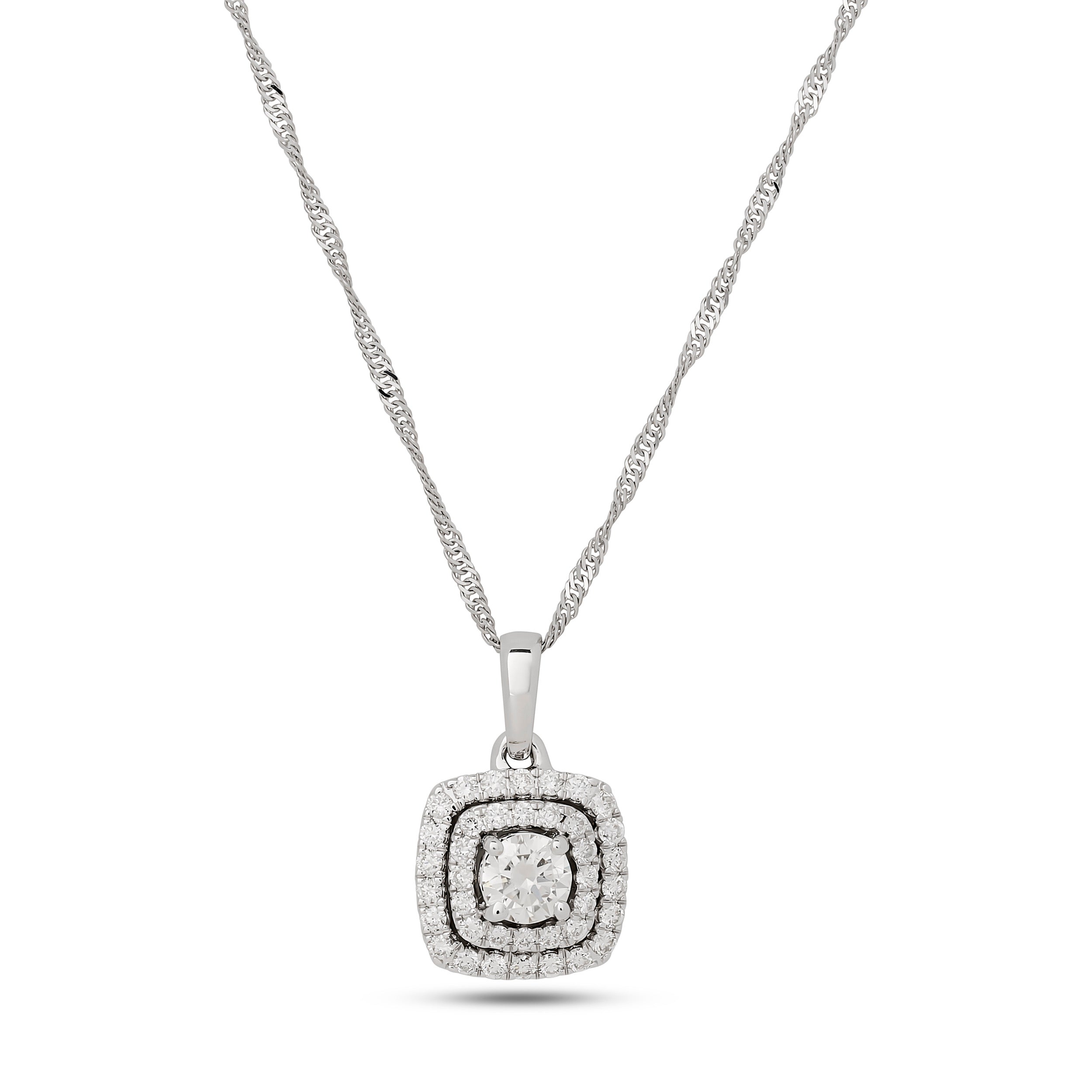 
  
  14k White Gold Diamond Double Halo Pendant on White Gold Chain
  
