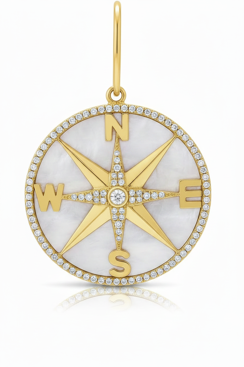 
  
  14K Yellow Gold Diamond and Mother of Pearl Compass Pendant
  
