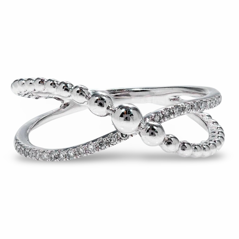 
  
  14k White Gold Criss-Cross Beaded Design Diamond Ring
  
