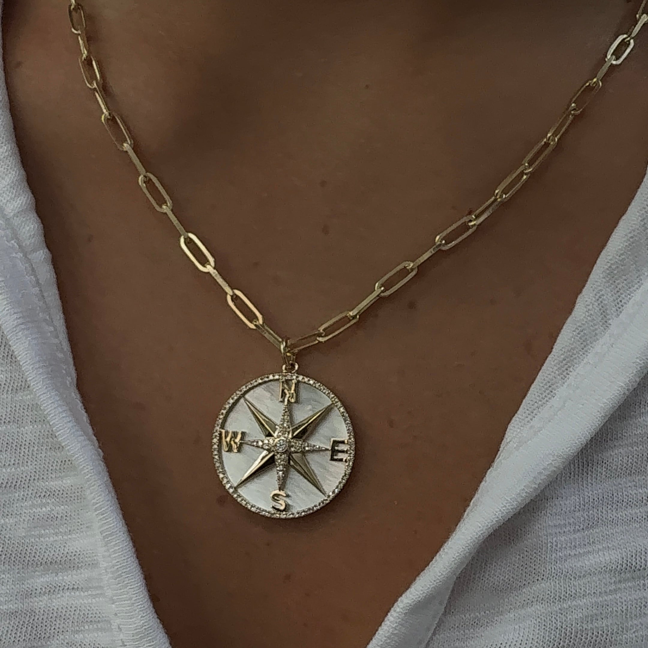 
  
  14K Yellow Gold Diamond and Mother of Pearl Compass Pendant
  
