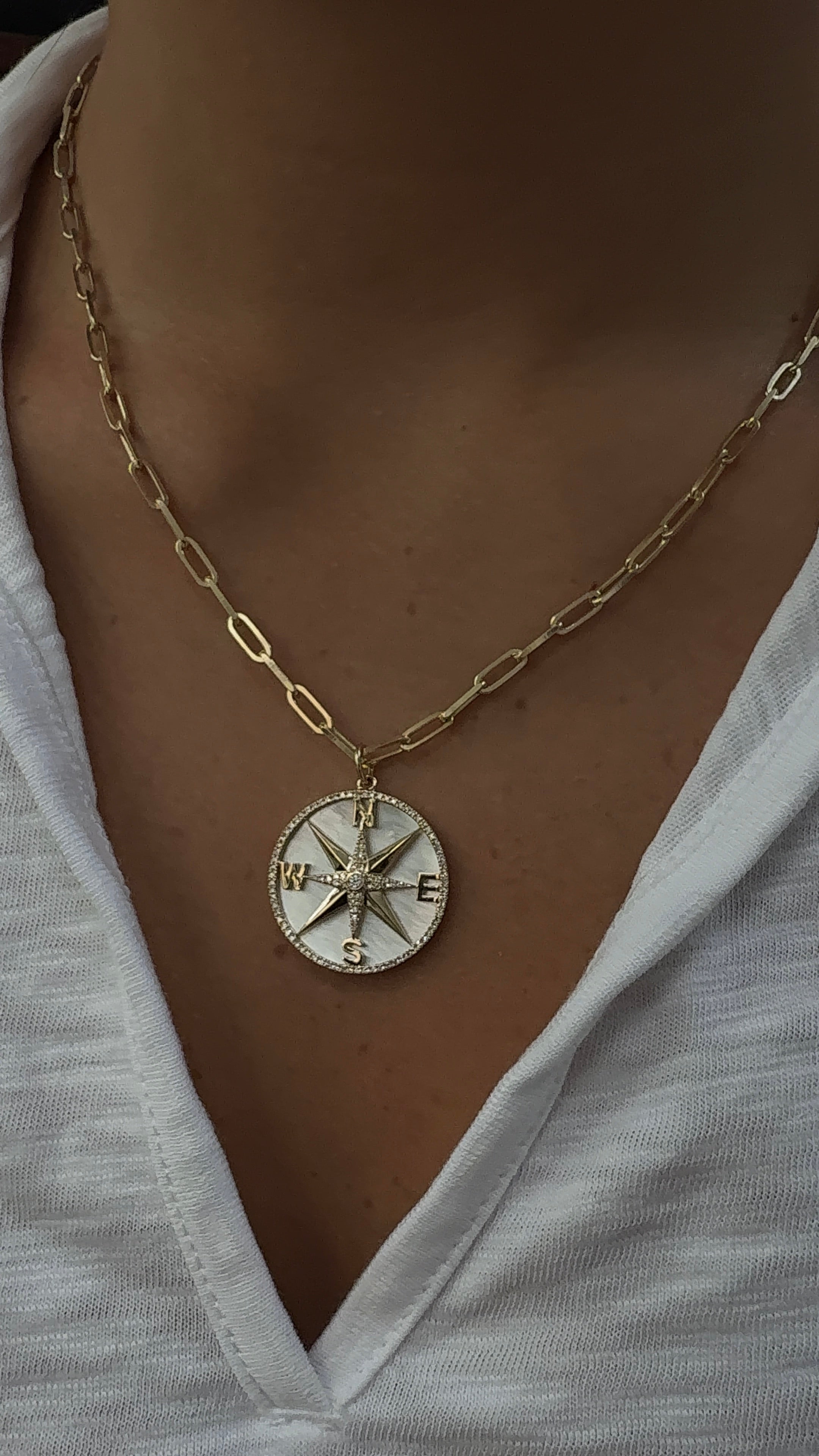 
  
  14K Yellow Gold Diamond and Mother of Pearl Compass Pendant
  
