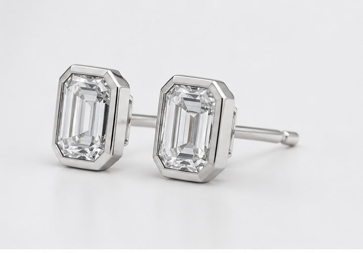 
  
  14KT White Gold Lab Grown Emerald Cut Diamond Stud Bezel Set Earrings
  
