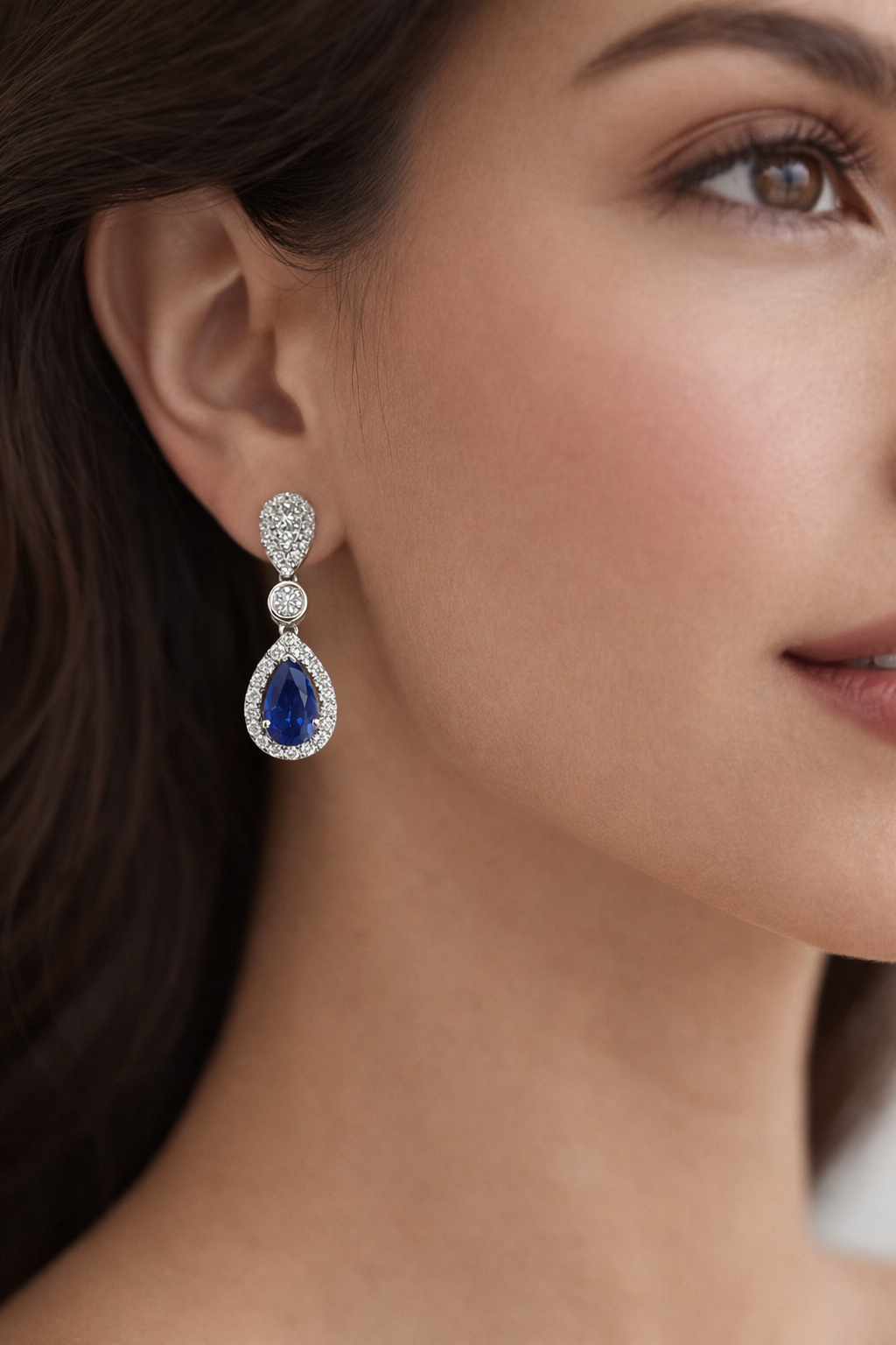 
  
  14k White Gold Pear Shape Hanging Sapphire and Diamond Halo Earrings
  
