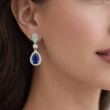 
  
  14k White Gold Pear Shape Hanging Sapphire and Diamond Halo Earrings
  
