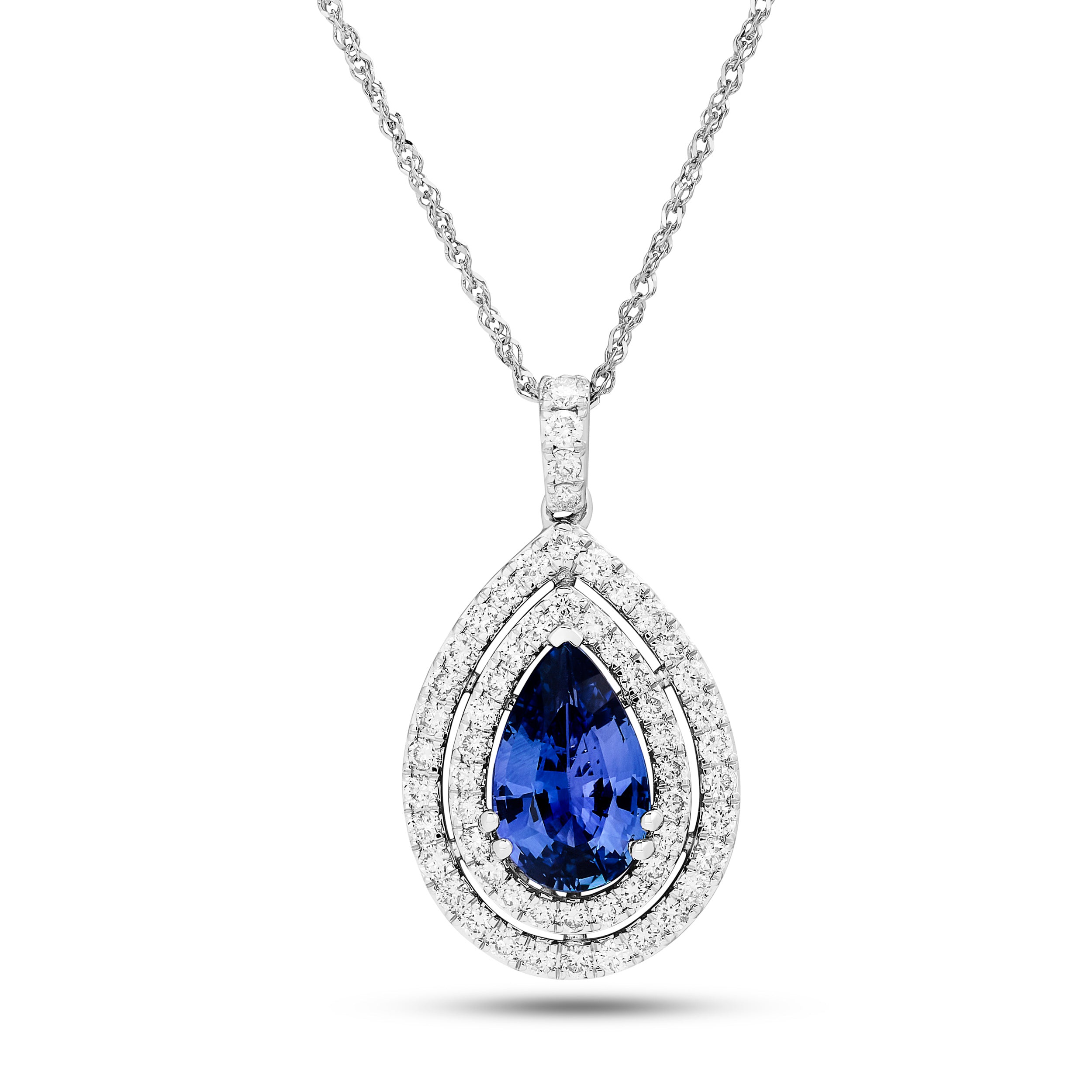 
  
  14k White Gold Diamond and Sapphire Double Halo Pendant
  
