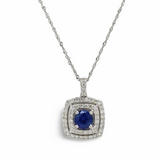 
  
  14K White Gold Square Halo Diamond and Sapphire Pendant Necklace
  
