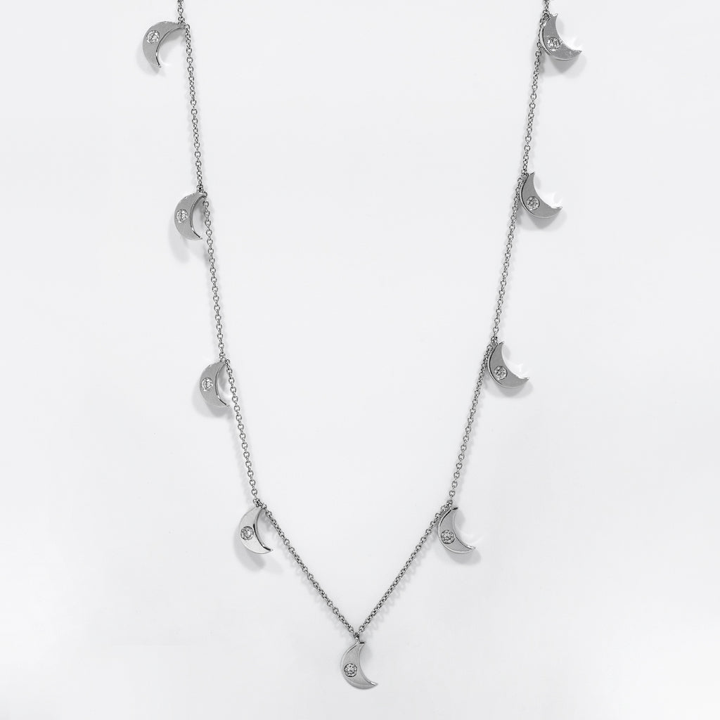 Adjustable 14k White Gold Diamond Dangle Half Moon Necklace