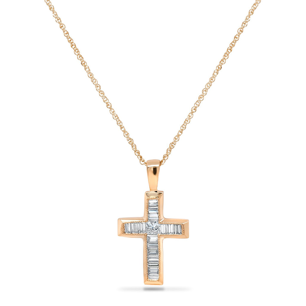 Small 14k Yellow Gold Baguette Diamond Cross Necklace