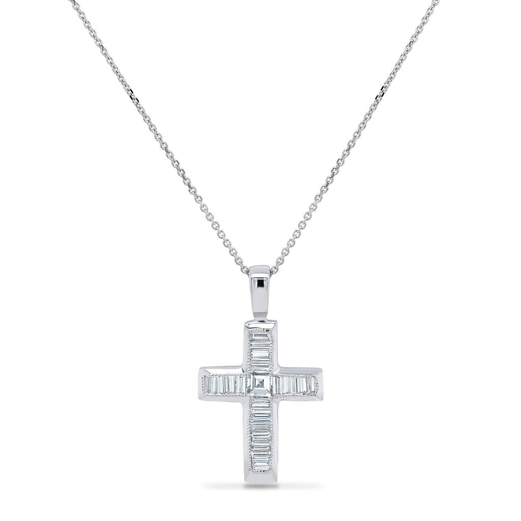 Small 14k White Gold Baguette Diamond Cross Necklace