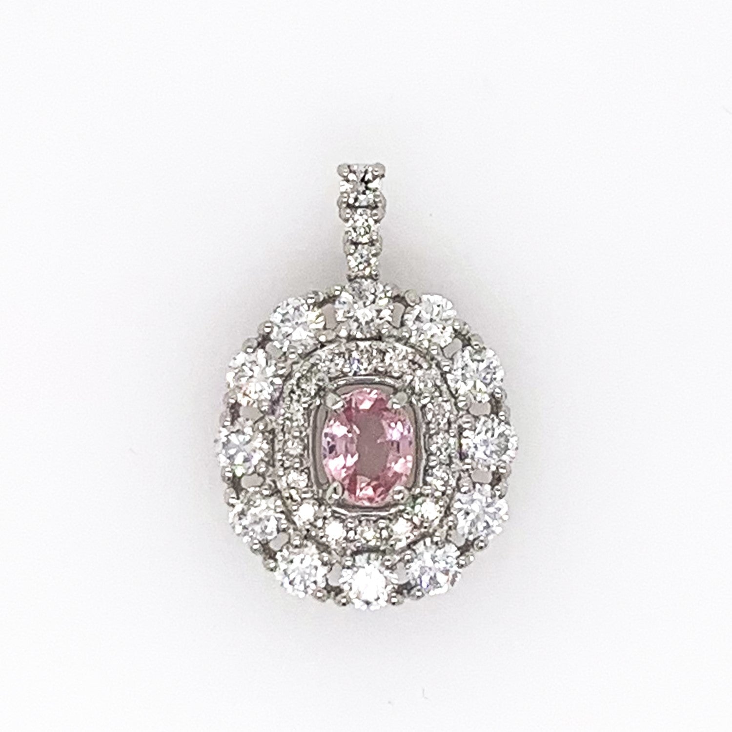 
  
  Platinum Pink Sapphire with Diamond Halo Pendant Necklace
  
