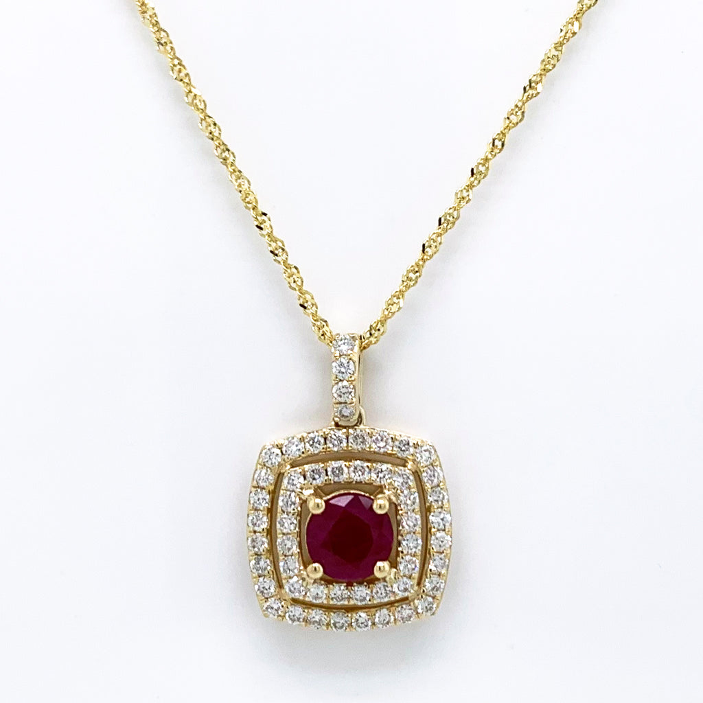 14K Yellow Gold Halo Diamond and Ruby Pendant Necklace