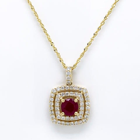 14K Yellow Gold Halo Diamond and Ruby Pendant Necklace