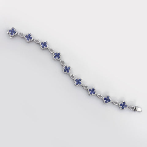14K White Gold Diamond and Sapphire Clover Bracelet
