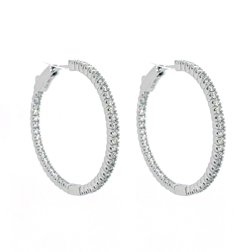 14K White Gold 1 1/4” Round Diamond In/Out Hoop Earrings