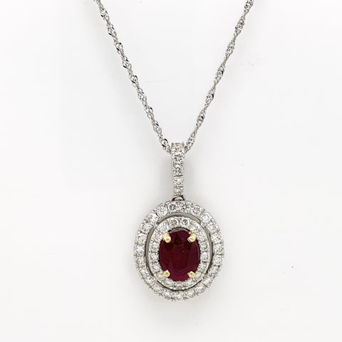 14k White Gold Diamond Halo and Oval Ruby Pendant Necklace
