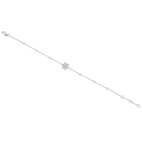 14k White Gold Diamond Flower Bracelet with Diamond Chain