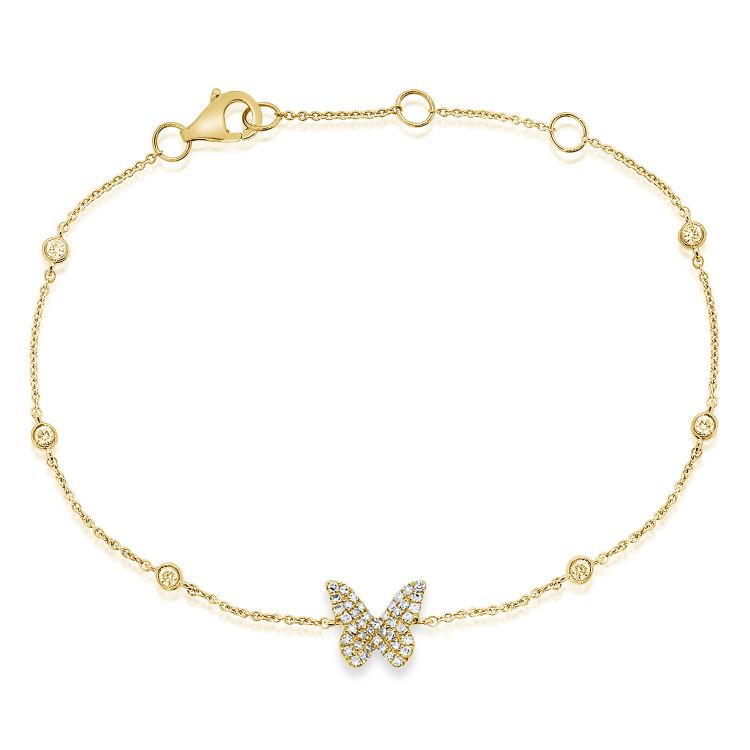 14k Yellow Gold Diamond Butterfly Bracelet with Diamond Chain