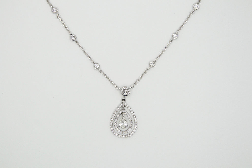 14k White Gold Pear Shaped Diamond Necklace With Diamond Chain