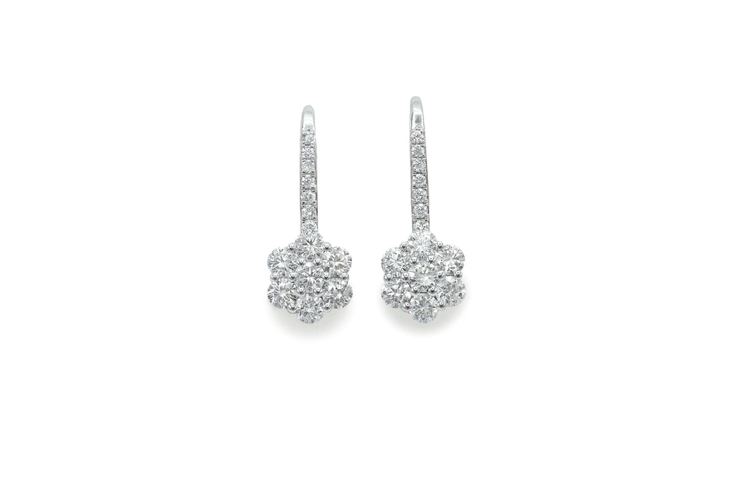14k White Gold Diamond Flower Style Cluster Hanging Earrings