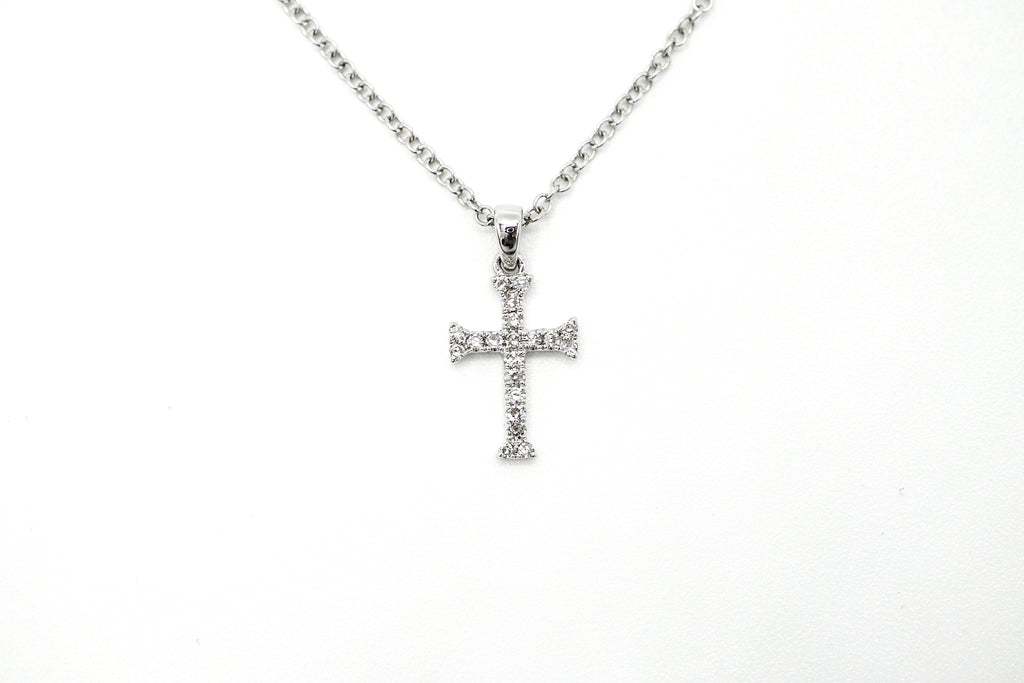 14k White Gold Miniature Diamond Cross Pendant Necklace