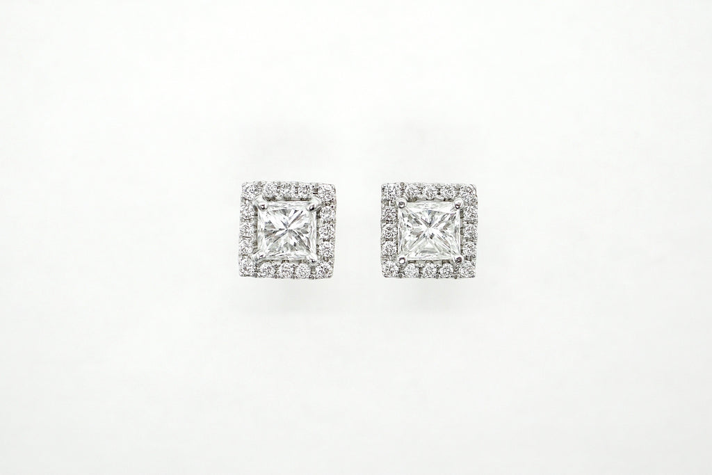 18k White Gold Square Diamond Halo Stud Earrings (.81cts. t.w.)
