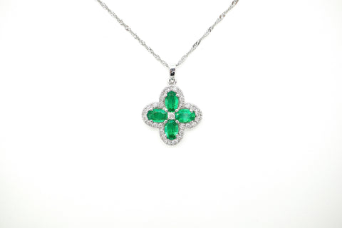 14k White Gold Emerald Diamond Clover Pendant Necklace