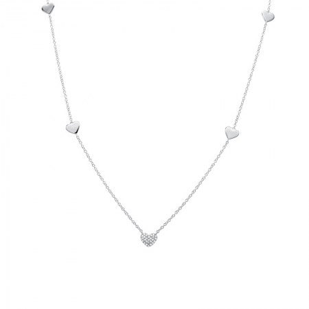 14k White Gold Diamond Station Heart Necklace