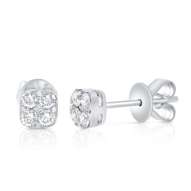 14K White Gold Diamond Cluster Square Stud Earrings