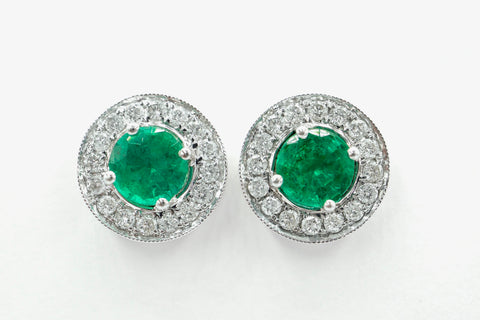 14k White Gold Emerald Diamond Halo Stud Earrings