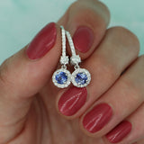 14k White Gold Hanging Sapphire and Diamond Halo Earrings