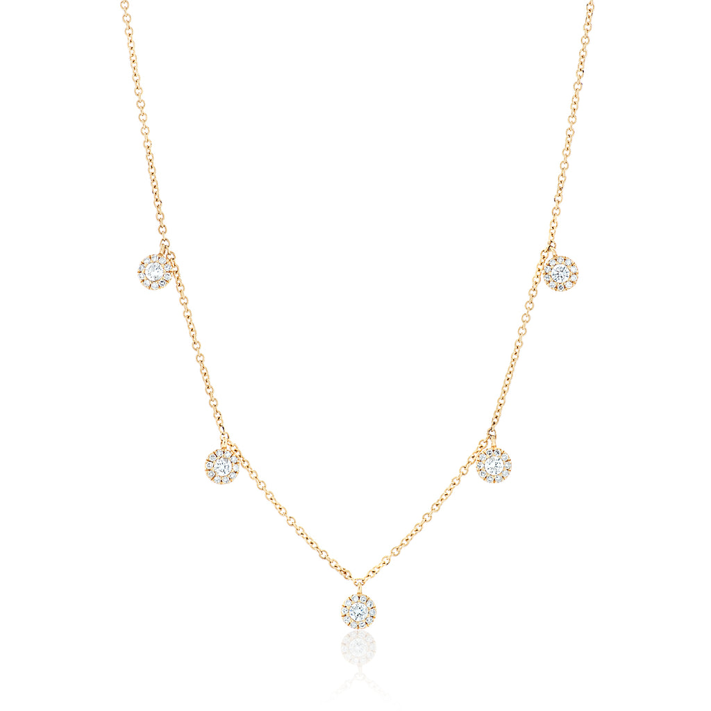 14k Yellow Gold Round Diamond Cluster Dangle Necklace