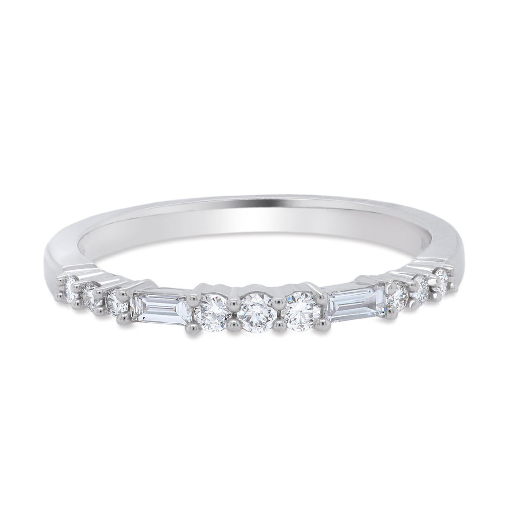 14k White Gold Thin Round and Baguette Diamond Band